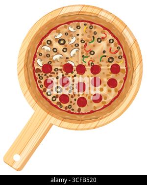Vector illustration of a pizza with assorted toppings, sliced into quarters, presented on a round wooden serving board with a handle Stock Vector