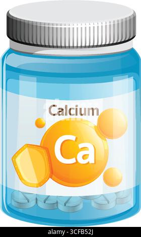 Transparent plastic bottle containing calcium tablets, labeled with chemical symbol Ca, rendered in clean, colorful flat vector style with subtle high Stock Vector