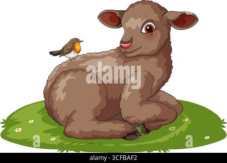 Vector illustration of a brown lamb lying on green grass with a robin perched on its back, rendered in a playful cartoon style Stock Vector