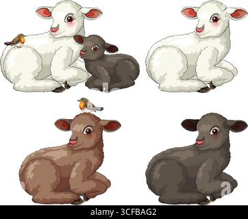 Four cartoon lambs in different colors, some with small birds, rendered in a soft, playful vector illustration style with clean outlines Stock Vector