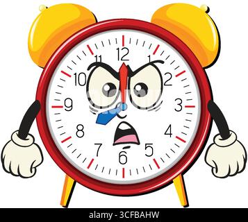 Vector illustration of a classic alarm clock with an angry facial expression, bold outlines, bright colors, and exaggerated cartoon style elements Stock Vector