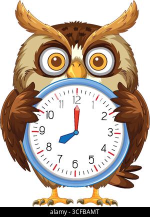 Vector illustration of a wide-eyed cartoon owl holding a round analog clock, with clean lines, bright colors, and a white background Stock Vector