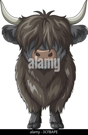 Shaggy Highland cow stands facing forward in a stylized vector cartoon style, with detailed fur texture, neutral background, and bold outlines Stock Vector