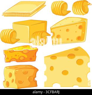 Various cheese forms including slices, blocks, wedges, and curls illustrated in bright, clean vector style with soft shadows and highlights Stock Vector