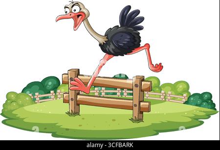 Vector illustration of a surprised ostrich leaping over a wooden fence on green grass, with cartoon style, bold outlines, and bright colors Stock Vector