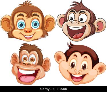 Four playful cartoon monkey faces with exaggerated features, bright colors, and cheerful expressions in a clean vector illustration style Stock Vector