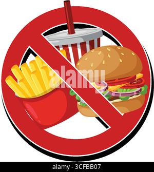 Vector illustration of a prohibition sign over a burger, fries, and soda, using bold colors and clean lines for clear messaging Stock Vector