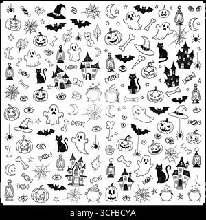 A black and white halloween themed doodle pattern with pumpkins and haunted houses and ghosts and bats Stock Vector