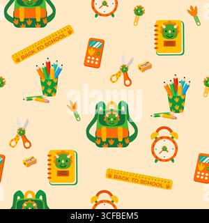 Cute dinosaur school supplies seamless pattern Stock Vector