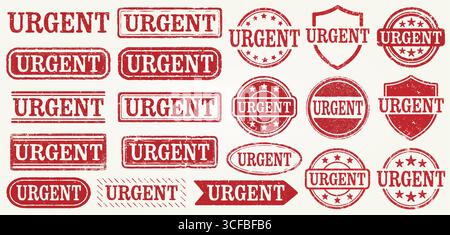 Urgent Grunge Stamp Set. Collection Of 20 Distressed Red Retro Urgent Rubber Stamps With A Vintage Grunge Texture. Perfect For Labels, Documents, Dead Stock Vector