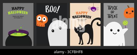 Happy halloween greeting card or party invitation template background. Halloween illustration with bat, pumpkin, ghost, spider, hat, cauldron, Poison Stock Vector