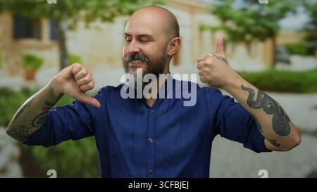 Bearded man with tattoos shows approval and disapproval gestures on urban street background wearing blue shirt outdoors. Stock Photo
