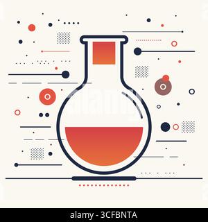 modern vector illustration of a laboratory flask filled with red orange liquid surrounded by geometric shapes and dots reflecting scientific research Stock Vector