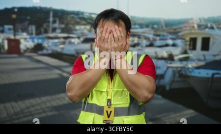 Asian man in reflective vest smiling at seaside port with boats under clear sky, exuding confidence and friendliness in an outdoor marina setting perf Stock Photo
