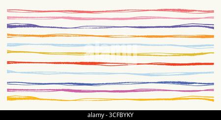 Multicolored Stripes with Hand Drawn Horizontal Brush Lines. Rainbow doodle stripe design for kids, textiles, stationery, and digital backgrounds. Stock Vector