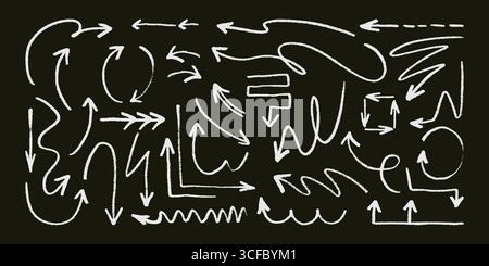 Set of Hand Drawn White Chalk Arrows on Black Background. Vector doodle arrow collection for sketch notes, infographics, education, and presentations. Stock Vector