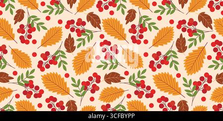 Colorful cozy autumn seamless pattern. Warm background with acorn leaves and ripe rowan berries. Seasonal fall botanical nature print, vector graphic Stock Vector