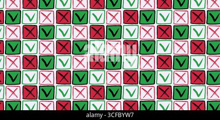 Hand Drawn Seamless Pattern with Red Cross and Green Check Marks in Square Boxes. Vector doodle background for education, exams, voting, to-do lists Stock Vector