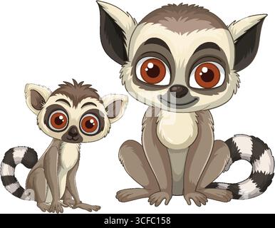 Two stylized ring-tailed lemurs with exaggerated eyes sit side by side, rendered in a clean, colorful vector illustration with white background Stock Vector