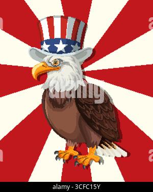 Vector illustration of a bald eagle wearing a star-spangled hat on a red and white background Stock Vector