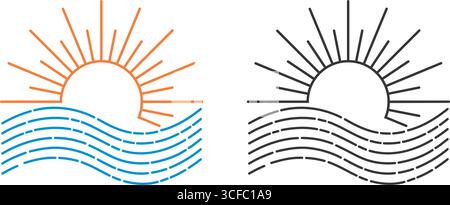 Sea sunset icon in linear style. Symbol of sun and water waves color and black version. Clip art logo sun, vector graphics Stock Vector