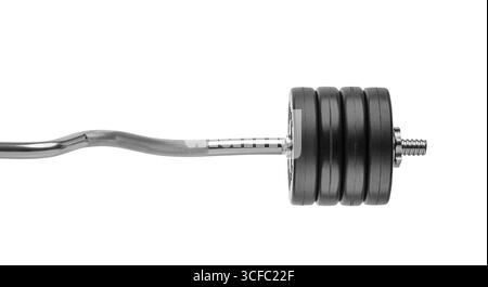 A black adjustable dumbbell with multiple weight plates on a steel bar isolated on a white background Stock Photo