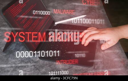 System hacked alert on laptop after cyber attack. Compromised information. Woman protecting data after cyber attack. Stock Photo