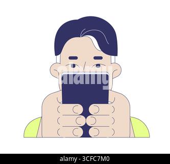 European adult man looking at smartphone screen closely 2D cartoon character Stock Vector
