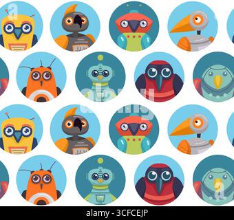 Vector seamless pattern with colorful cartoon robot birds in round badges. Perfect for children books, wallpaper, wrapping papers, or games. Modern Stock Vector