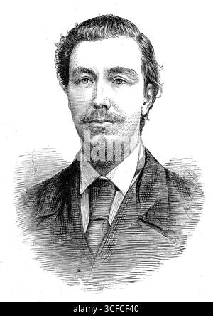 Mr. Blackburne, winner of the first prize at the Berlin Chess Tournament, 1881. Engraving from a photograph by De Lavieter. 'Mr. Blackburne...made his first appearance in the chess arena, at the age of eighteen, in the London tournament of 1862. In the master tourney of that meeting he defeated Green, Owen, and Steinitz, drew four games, and lost seven. This performance, however remarkable for a country youth in his first engagement with masters of the game, did not secure a prize, and in the handicap tourney which followed he was also unsuccessful. His triumph came later, when, on July 4, 186 Stock Photo