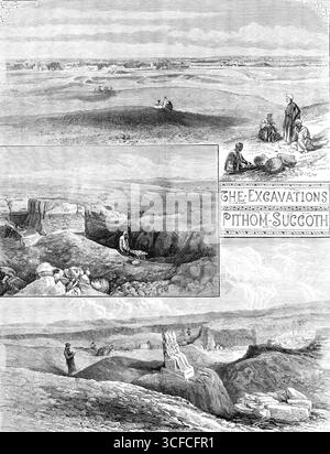 The Excavations of Pithom-Succoth: A Buried City of the Exodus, 1883. '1. Field of Excavations at Tel-el-Maskhutah, on the Fresh-Water Canal [near Ismailia], Egypt. 2. Part of Excavations. 3. Excavations of Temple, with Sculptured Group of Rameses the Great seated between two Divinities...The excavations...have resulted in some of the most interesting and important discoveries that have ever rewarded, the labours of archaeologists...The uppermost view shows the field of operations...beyond are the buildings of Tell-el-Maskhutah, consisting of some sheds put up by engineers of the canal, the hu Stock Photo