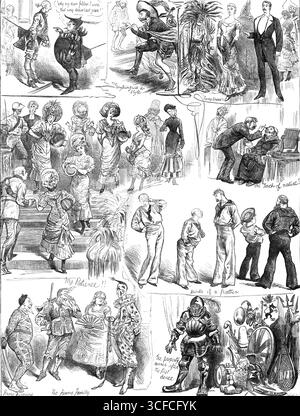 Sketches at a Fancy-Dress Ball, 1881. '"Why my dear fellow I word that very dress last year"; The Anything-will-do Style; "Fancy Dress"; My Patience!!; Birds of a feather; The Funny Family; The property corner after the first dance...Sketches which may yield some amusement to the reader...The figure of a sham American Indian, loaded with strings of wampum and strips of deerskin, will contrast disagreeably with those of a lady and gentleman in the regulation evening dress of the period...The assumption of nautical garb and manner should be limited to men of proper ship-shape Stock Photo