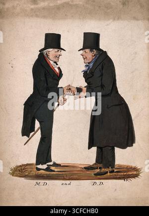 A physician and a divine shaking hands on meeting, 1830-1850. The Doctor of Medicine (M.D.) wears tails and carries a walking stick; the Doctor of Divinity (D.D.) wears a long coat. Stock Photo