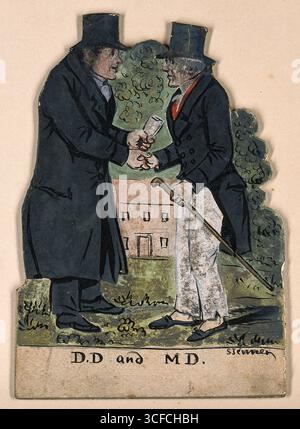 A divine and a physician shaking hands on meeting, 1830-1850. The Doctor of Divinity (D.D.) wears a long coat; the Doctor of Medicine (M.D.) wears tails and carries a walking stick. Stock Photo