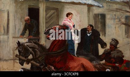 In Front of the Porch, between 1885-1890.  The painting depicts a couple saying farewell standing in front of the porch of a small manor house or inn. The young woman, wrapped in a shawl, faces a man wearing a sheepskin coat, whose gesture of farewell is emphasised by his outspread arms. In the foreground is a two-horse coach driven by a coachman with a whip in his hand. On the porch, a stooped older man leans over the railing. Enclosed in a tight, close frame and sketchily developed, the composition was never finished by the artist. The colour scheme is dominated by brown, beige, grey and dar Stock Photo