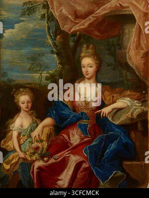 Portrait of a Lady with a Child, between 1710-1720.  Additional Info: The painting presents a lady in a pink dress and a blue cloak. She sits under a draped curtain, hanging from boughs on the right, and set against a landscape in the background, on the left. She is extending her right hand towards a basket with flowers held by a girl standing on the right, perhaps her daughter, and she points the finger of her right hand to the flowers. Stock Photo