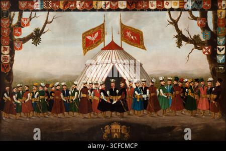 Noblemen in Voivodeship Uniforms, end of 18th century.  Additional Info: The gathering of nobility in national outfits under the tent with the Polish and Lithuanian banners is not a specific historical scene. The purpose of this painting is only to show model colours of garment  kontusz and zupan robes, which were adopted at the Sejm in 1776. From that time on, at the meetings of Sejm, regional councils and various public meetings, the nobles had to wear outfits in unified colours, assigned to the voivodeship in which they lived. By his decision, the Sejm wanted to stop the Stock Photo