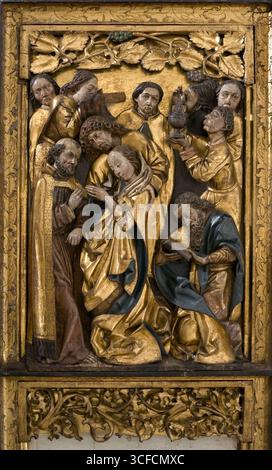Death of Mary, Space Remaining after the Lost Relief, c1500. Mary Returns to Sleeping St Theophilus of Adana a Pact Signed at the Instigation of the Devil (Carved obverse), Christ before Caiaphas, Carrying the Cross (Painted Reverse). Inner Right Wing of the Altar Retable from Lusina. Stock Photo