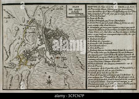 Map of the siege of the town of Neisse by General Harsch's Austrian army, 1758 (1765). On 3rd October 1758, Harsch's troops arrived in Neisse. The main part of the troops encamped on the left bank of the Neisse River, deploying Grenzer hussars and light troops on the right bank to cut off all communications. On 21 October Prussian troops launched their first artillery fire on Austrian positions. On the morning of 26 October, Frederick the Great's Prussian troops took possession of Gorlitz and opened bridges over the Neisse River to move into Silesia and seize the town's fortress. On the night Stock Photo