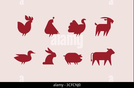 Farm animals icon set with rooster, quail, turkey, goat, duck, hare, pig, cow drawing with red on beige background Stock Vector