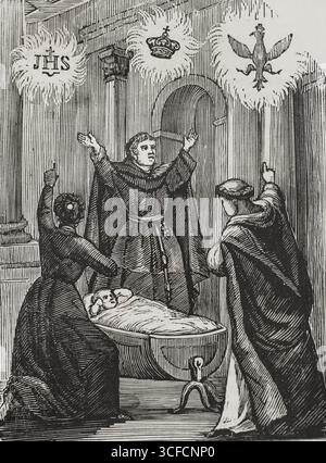 Auguries and predictions on the birth of Ferdinand, Prince of Asturias, 1784, (1851). Future Ferdinand VII of Spain (1784-1833). From &quot;Historia del Levantamiento, guerra y revoluci&#xf3;n de Espa&#xf1;a&quot; (History of the Spanish Uprising, War and Revolution) by the Conde de Toreno, Madrid, 1851. Stock Photo