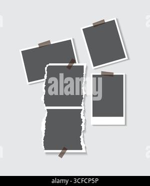 Modern photo collage template with taped blank frames on white background Stock Vector