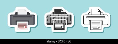 Printer sticker icon set collection in flat style. Office machine vector illustration on isolated background. Printout sign business concept. Stock Vector