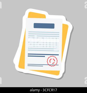 Document, folder with stamp and text sticker icon in flat style. White papers vector illustration on isolated background. Confirmed or approved docume Stock Vector