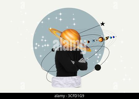 Collage of a man with planet Saturn in the head on a gray circle with stars and the solar system Stock Photo