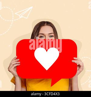 Composite collage image of a caucasian girl holding like poster and covering her face on a pastel background, social media concept Stock Photo