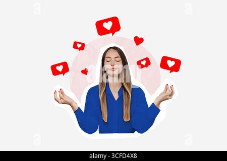 girl meditating on likes social network isolated over white background concept creative collage Stock Photo