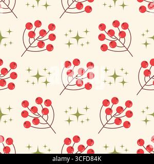 Seamless polka dot arranged pattern with bright red rowan berries and small stars in flat cartoon style. Cute decorative background for textile, wrapp Stock Vector