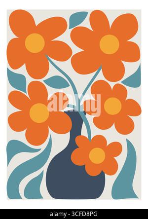 Playful poster with Matisse style flower in groovy Y2K flat cartoon design, vibrant abstract composition and retro shapes for creative illustration an Stock Vector