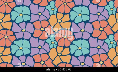 Seamless groovy pattern in retro hippie style with Matisse inspired flowers and floral motifs. Bold flat cartoon design perfect for textile, wrapping, Stock Vector